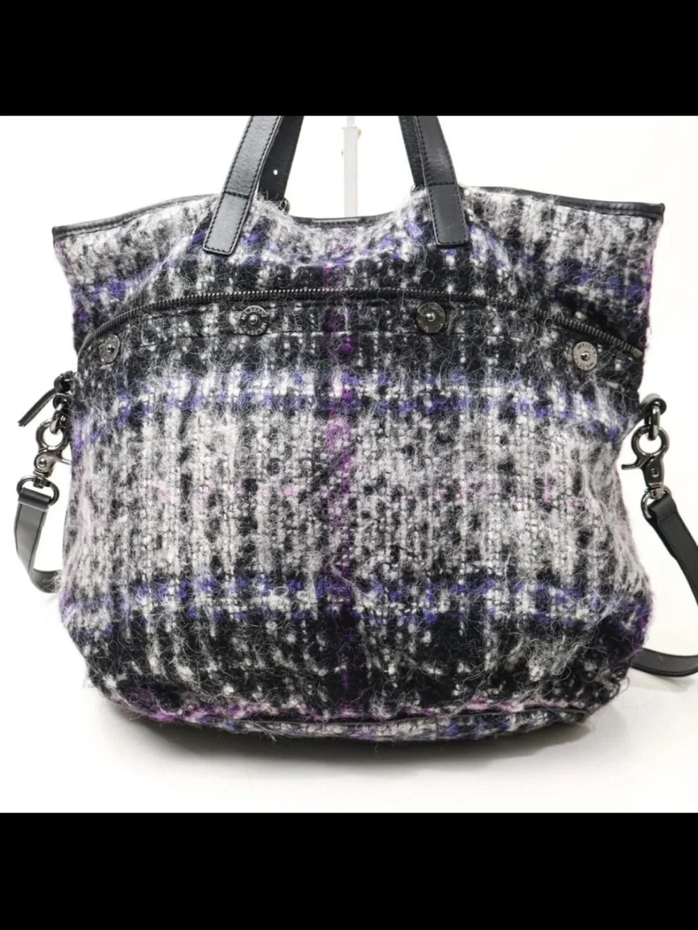 Mulberry Gray & Purple Plaid Wool Tote with Black Leather Trim